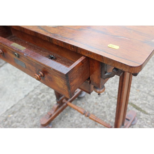 420 - A Victorian rosewood work table, fitted one drawer with well, on end supports and turned feet, 23 1/... 