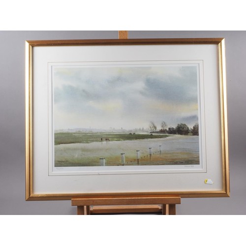 334 - Tatton Winter: a signed etching, shepherd and sheep, in mahogany frame, Valerie Petts: a signed limi... 