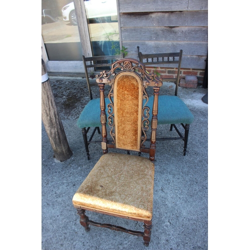 411 - A late Victorian and rosewood low seat nursing chair, upholstered in a printed velvet, on turned and... 