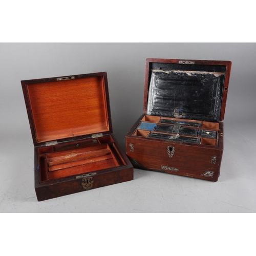 139 - A burr walnut and brass mounted writing box with scrolled decoration, 11” wide, and a rosewood... 