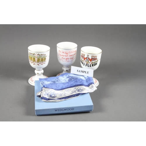 14 - A set of twelve Royal Doulton bone China “Twelve Days of Christmas” goblets and a Wedgwood silk scar... 