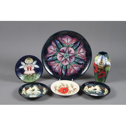 15 - A pair of Moorcroft “Bullrush” pattern pin dishes, two other dishes, a Moorcroft “Windmill” pattern ... 