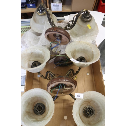 229 - Two pairs of mid century two-light wall lights with opaque glass shades, another pair of gilt metal ... 