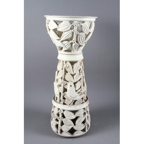 4 - A Wendy Nolan studio pottery two-section tapered vase with pierced bird and leaf decoration, 21 1/2&... 