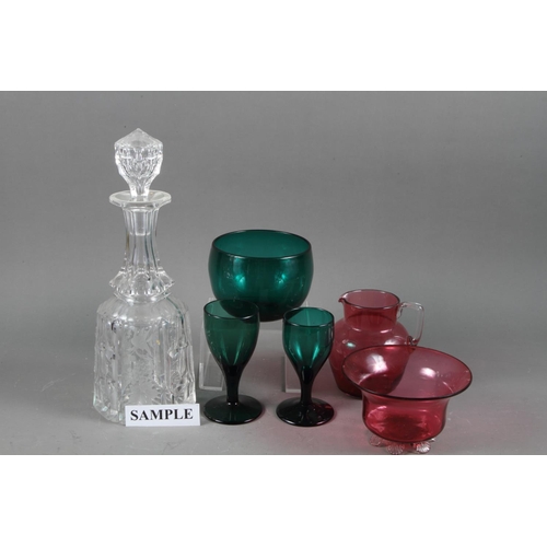 58 - Six late 19th century green glass wines, five similar finger bowls, a pair of cut glass decanters an... 