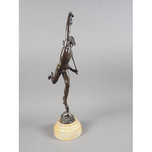 110 - After Giambologna: a patinated bronze figure of Mercury, on Sienna marble base, 19” high