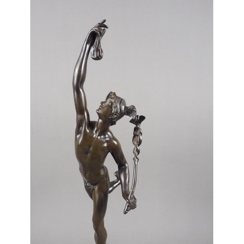 110 - After Giambologna: a patinated bronze figure of Mercury, on Sienna marble base, 19” high