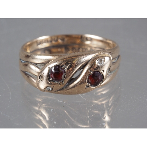 277 - An Edwardian 9ct gold, diamond and garnet double snake ring, Chester 1902, size S, 5g, and a silver ... 