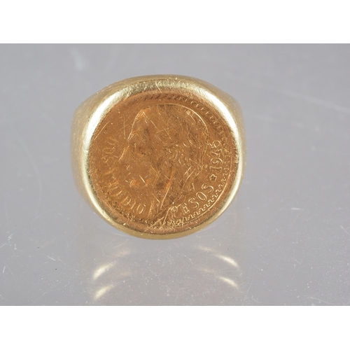 296 - An 18ct gold ring set with a Mexican 2 1/2 Peso gold coin dated 1945, size I, 7.6g