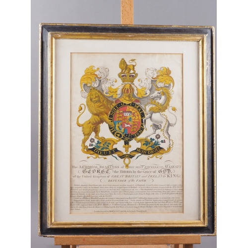 316 - A framed lithograph of Louis XVIII and a hand-coloured engraving, armorial bearings of George III, i... 