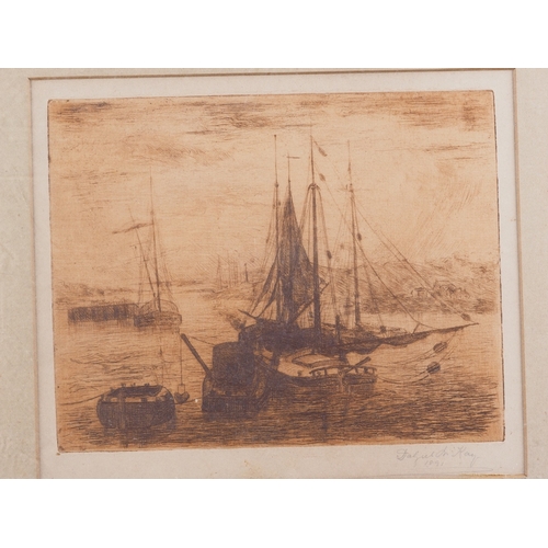 319 - D Kay, 1891: 19th/20th century nautical maritime etching, in frame, and an etching of a beach scene,... 