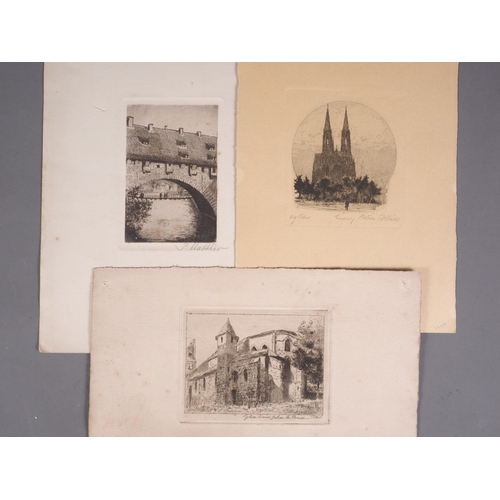 321 - A collection of seven mostly 19th century etchings, landscapes and buildings, unframed