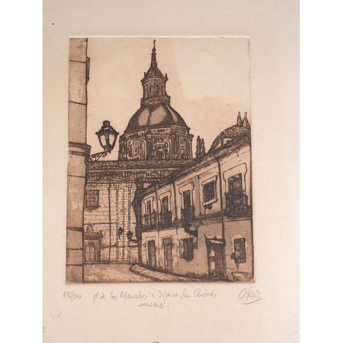 321 - A collection of seven mostly 19th century etchings, landscapes and buildings, unframed