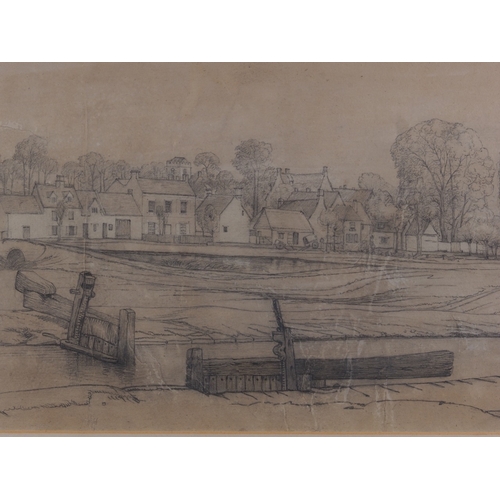 352 - A pencil study, canal scene with lock and bridge and distant village, 10