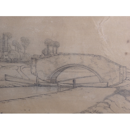 352 - A pencil study, canal scene with lock and bridge and distant village, 10