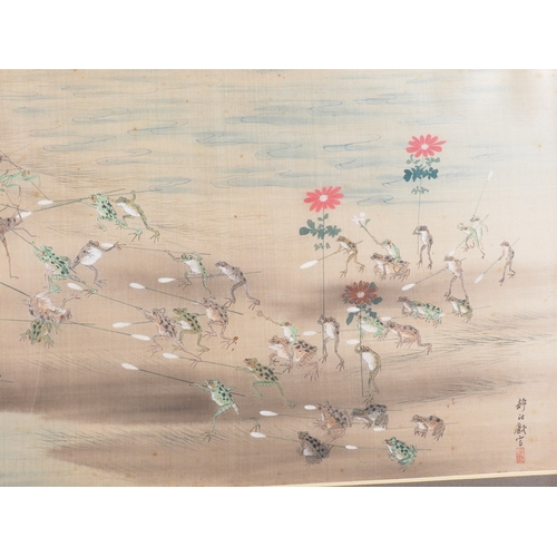 372 - A set of five Meiji Japanese watercolours on silk, battling frogs, 12