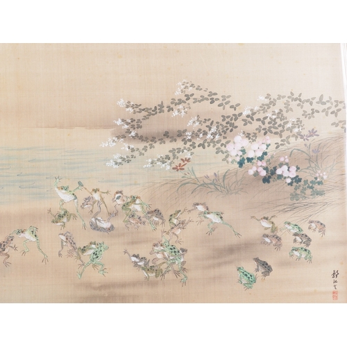 372 - A set of five Meiji Japanese watercolours on silk, battling frogs, 12