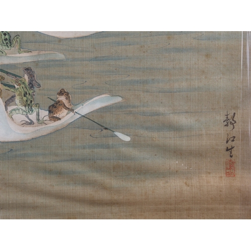 372 - A set of five Meiji Japanese watercolours on silk, battling frogs, 12