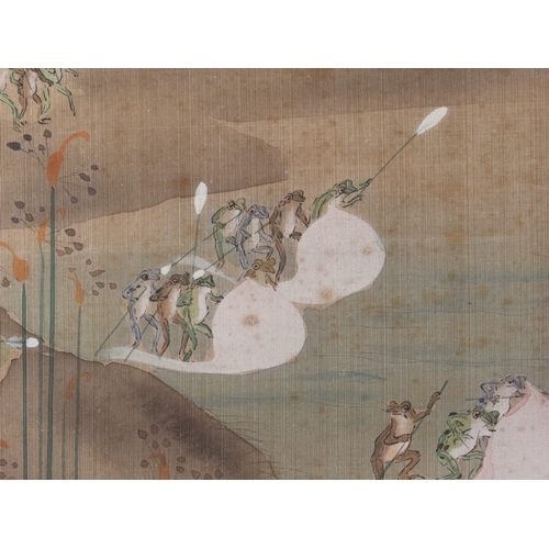 372 - A set of five Meiji Japanese watercolours on silk, battling frogs, 12