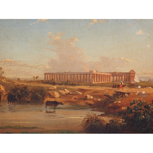 383 - An early 19th century oil on oak panel, view of Paestum temples, 5 3/4