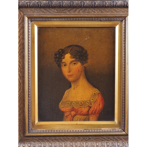 385 - A set of three early 19th century oil on mahogany panels, portraits of unknown women, circa 1810-15,... 