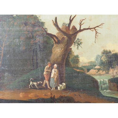 387 - An 18th century oil on canvas, landscape with milkmaid, swain and distant cottage, 13 1/2