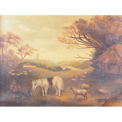 388 - English 19th century Naive School: oil on canvas, landscape with shepherd, dog horse and sheep, 13 1... 