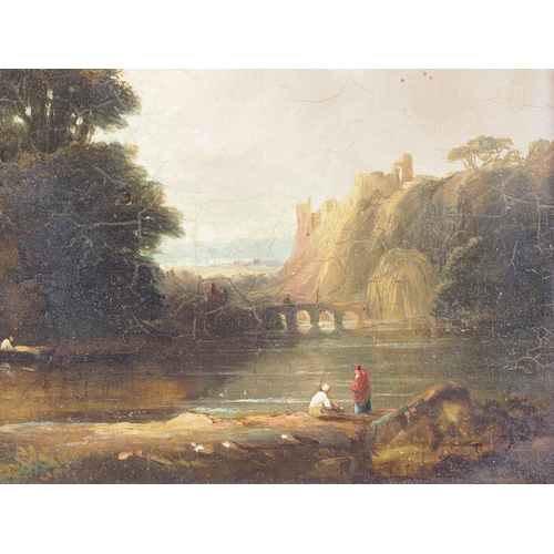 389 - An early 19th century oil on oak panel, classical landscape with figures, lake and punt, 5 1/2