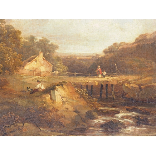 390 - J A O'Connor: an early 19th century oil on canvas, landscape with figures, river and cottage, 7 3/4