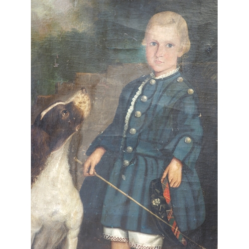 391 - A late 18th early 19th century Scottish primitive school: oil on canvas, child with dog, unstretched... 