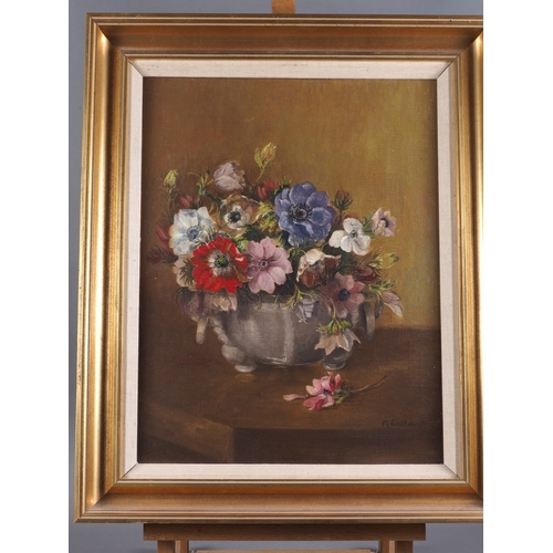 398 - M Easthaugh: oil on canvas, still life, anemones in a wine cooler, 17 1/2