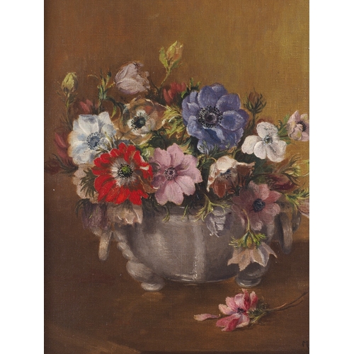 398 - M Easthaugh: oil on canvas, still life, anemones in a wine cooler, 17 1/2