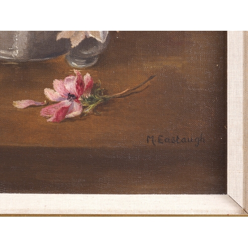 398 - M Easthaugh: oil on canvas, still life, anemones in a wine cooler, 17 1/2