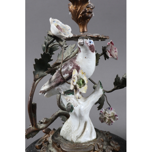 1 - A pair of 18th century Dresden porcelain birds, mounted as candlesticks, 8