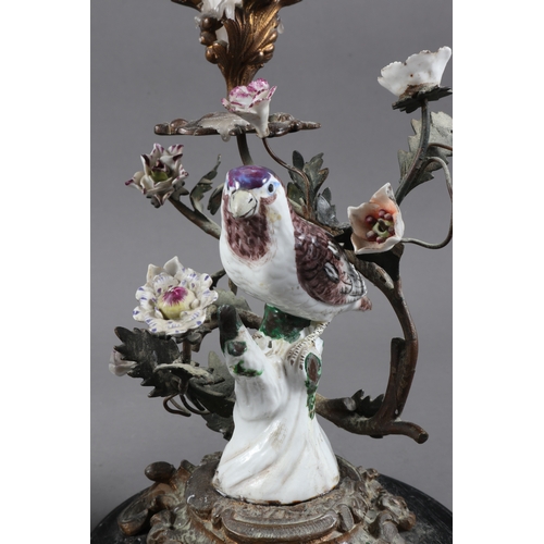 1 - A pair of 18th century Dresden porcelain birds, mounted as candlesticks, 8