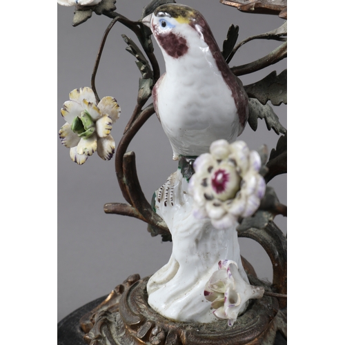 1 - A pair of 18th century Dresden porcelain birds, mounted as candlesticks, 8