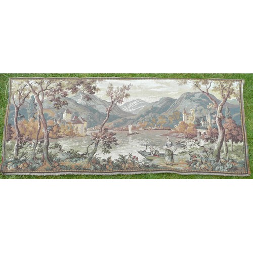 176 - Two Jacquard woven tapestry panels, Chateau Chillon and Swiss rural scene, each 24