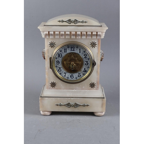 101 - An alabaster cased mantel clock by Fargot Paris, white enamel dial with Arabic numerals and skeleton... 