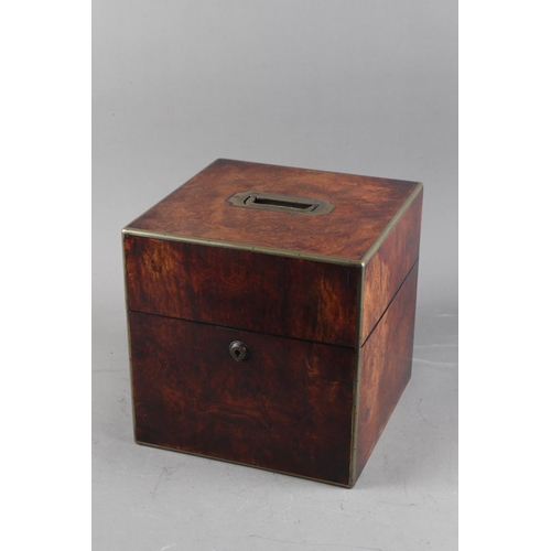 135 - A burr walnut and brass mounted flour-division spirit box with plated labels, 9” square x 9” high