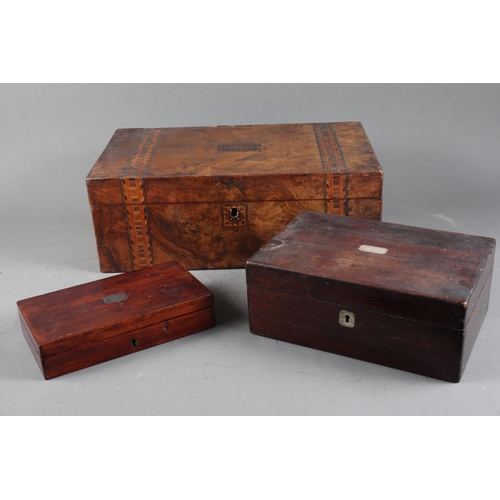 138 - A walnut and Tunbridge banded writing slope, 16” wide, and two other hinged boxes, various