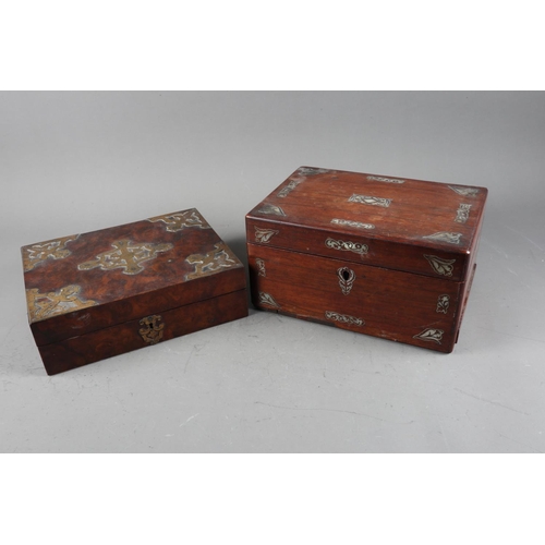 139 - A burr walnut and brass mounted writing box with scrolled decoration, 11” wide, and a rosewood... 