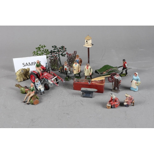 158 - A quantity of lead painted figures, including a blacksmith, a forge and anvil, two land girls, vario... 