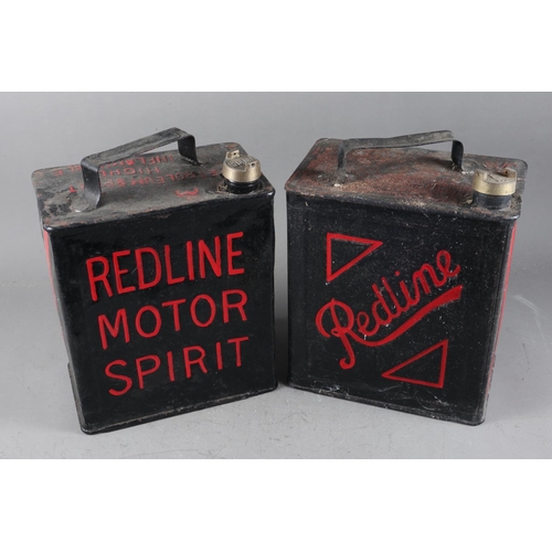 200 - Two black and red painted Redline petrol cans, 11” high