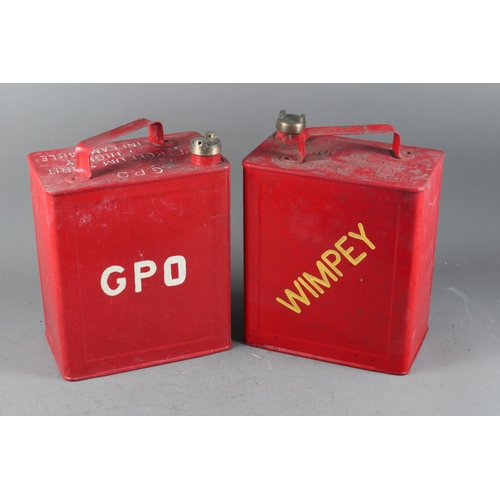 201 - A red painted GPO petrol can and a similar red painted Wimpey petrol can