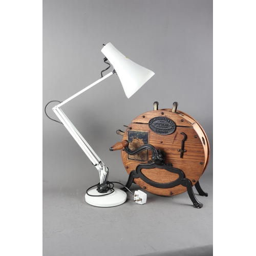 241 - A white enamelled Anglepoise table lamp, on circular base, and an oak cased rotary knife cleaner, 16... 