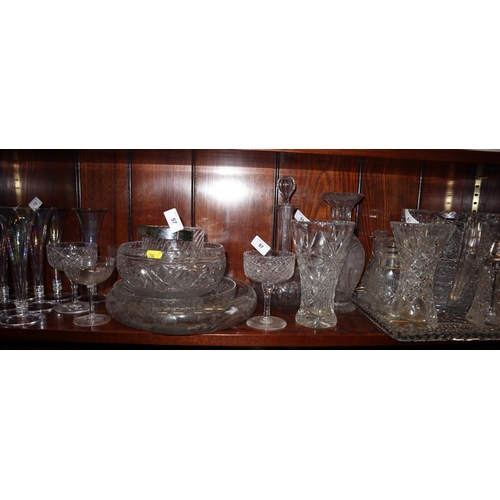 57 - A cut glass vase, 8 1/4” high, a similar tray, seven pearlescent champagne flutes and other glasswar... 