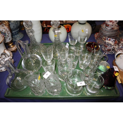 62 - A pair of cut clear glass ships decanters, a pair of jugs, a pair of Whitefriars clear glass charact... 