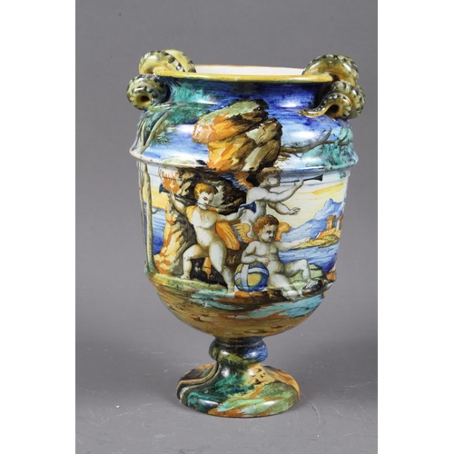 65 - A Cantagali blue and white tulip vase, 20” high, and a Cantagali majolica urn with landscape decorat... 