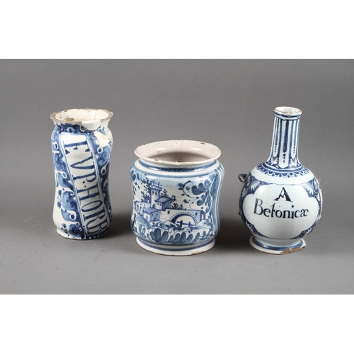 66 - An 18th century Delft dry drug jar ‘EVP.HORB’, 9” high, (heavily restored), anothe... 