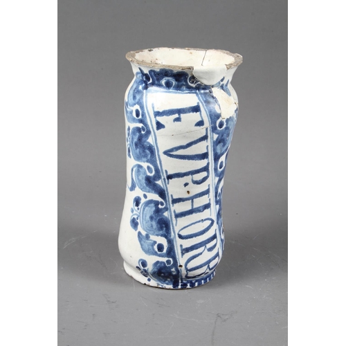 66 - An 18th century Delft dry drug jar ‘EVP.HORB’, 9” high, (heavily restored), anothe... 